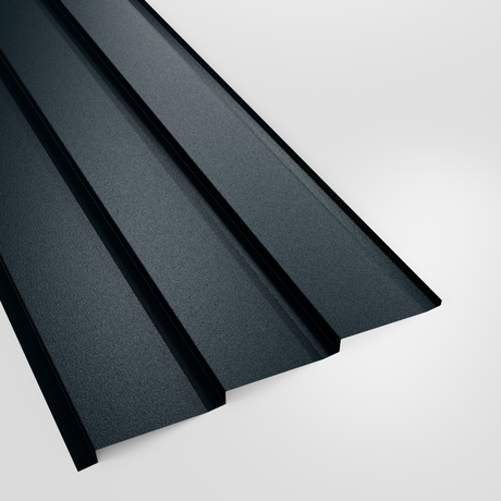 Metal shiplap wall cladding panel in Slate Blue (dark blue-grey) PVC Plastisol, grained finish, studio view