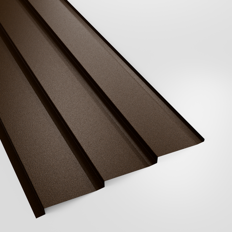 Metal shiplap wall cladding panel in Van Dyke Brown (dark brown) PVC Plastisol, grained finish, studio view