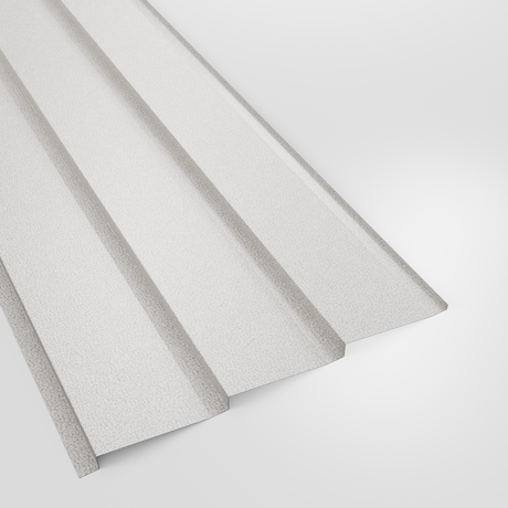 Metal shiplap wall cladding panel in White PVC Plastisol, grained finish, studio view