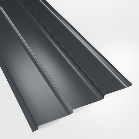 Metal shiplap wall cladding panel in Anthracite (dark charcoal) polyester, smooth gloss finish, studio view