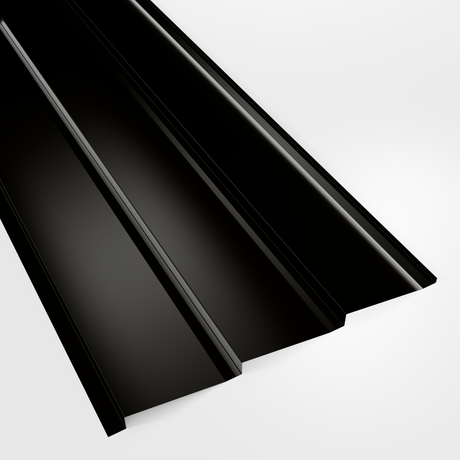 Metal shiplap wall cladding panel in Black polyester, smooth gloss finish, studio view