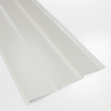 Metal shiplap wall cladding panel in Goosewing Grey (pale grey) polyester, smooth gloss, studio view