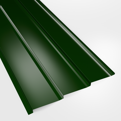 Metal shiplap wall cladding panel in Juniper Green (deep green) polyester, smooth gloss, studio view