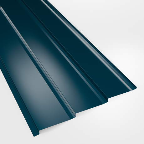 Metal shiplap wall cladding panel in Slate Blue (dark blue-grey) polyester, smooth gloss, studio view