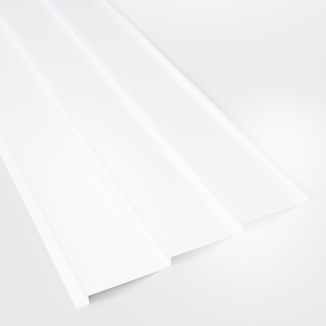 Metal shiplap wall cladding panel in White polyester, smooth gloss finish, studio view