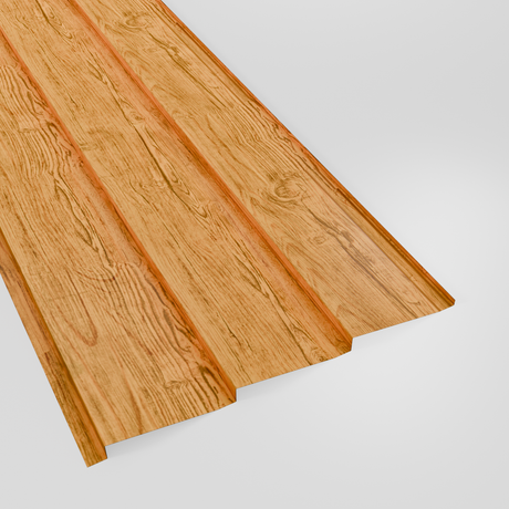 Metal shiplap wall cladding panel in Natural woodgrain (golden oak), studio view