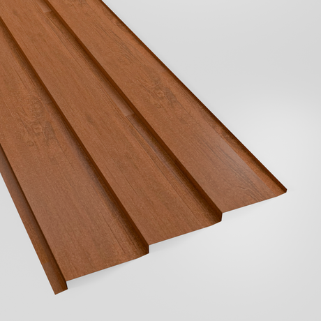 Metal shiplap wall cladding panel in Walnut woodgrain (reddish brown), studio view