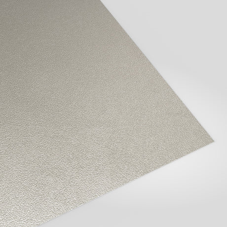 Flat metal sheet in Goosewing Grey (pale grey) PVC Plastisol, grained finish, angled studio view