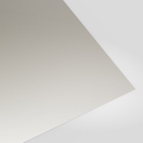 Flat metal sheet in Goosewing Grey (pale grey) polyester, smooth finish, angled studio view