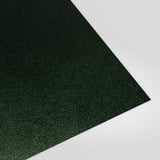 Flat metal sheet in Juniper Green (deep green) PVC Plastisol, grained finish, angled studio view