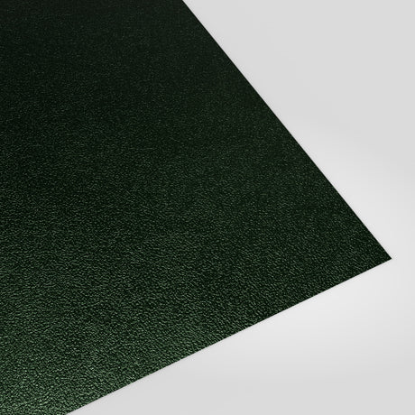 Flat metal sheet in Juniper Green (deep green) PVC Plastisol, grained finish, angled studio view