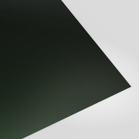 Flat metal sheet in Juniper Green (deep green) polyester, smooth finish, angled studio view