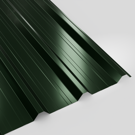 32/1000 box profile roof sheet in Polyester Juniper Green (deep green), smooth gloss finish, studio view