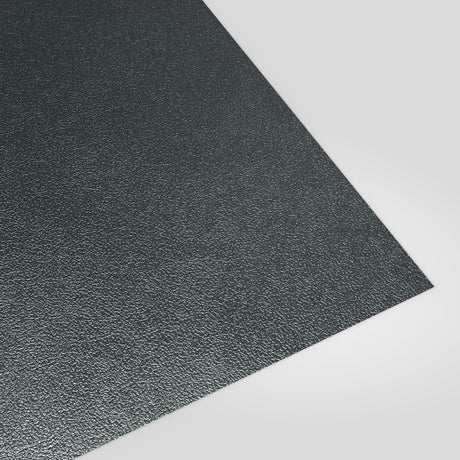 Flat metal sheet in Merlin Grey (mid blue-grey) PVC Plastisol, grained finish, angled studio view