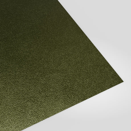 Flat metal sheet in Olive Green (dark olive) PVC Plastisol, grained finish, angled studio view