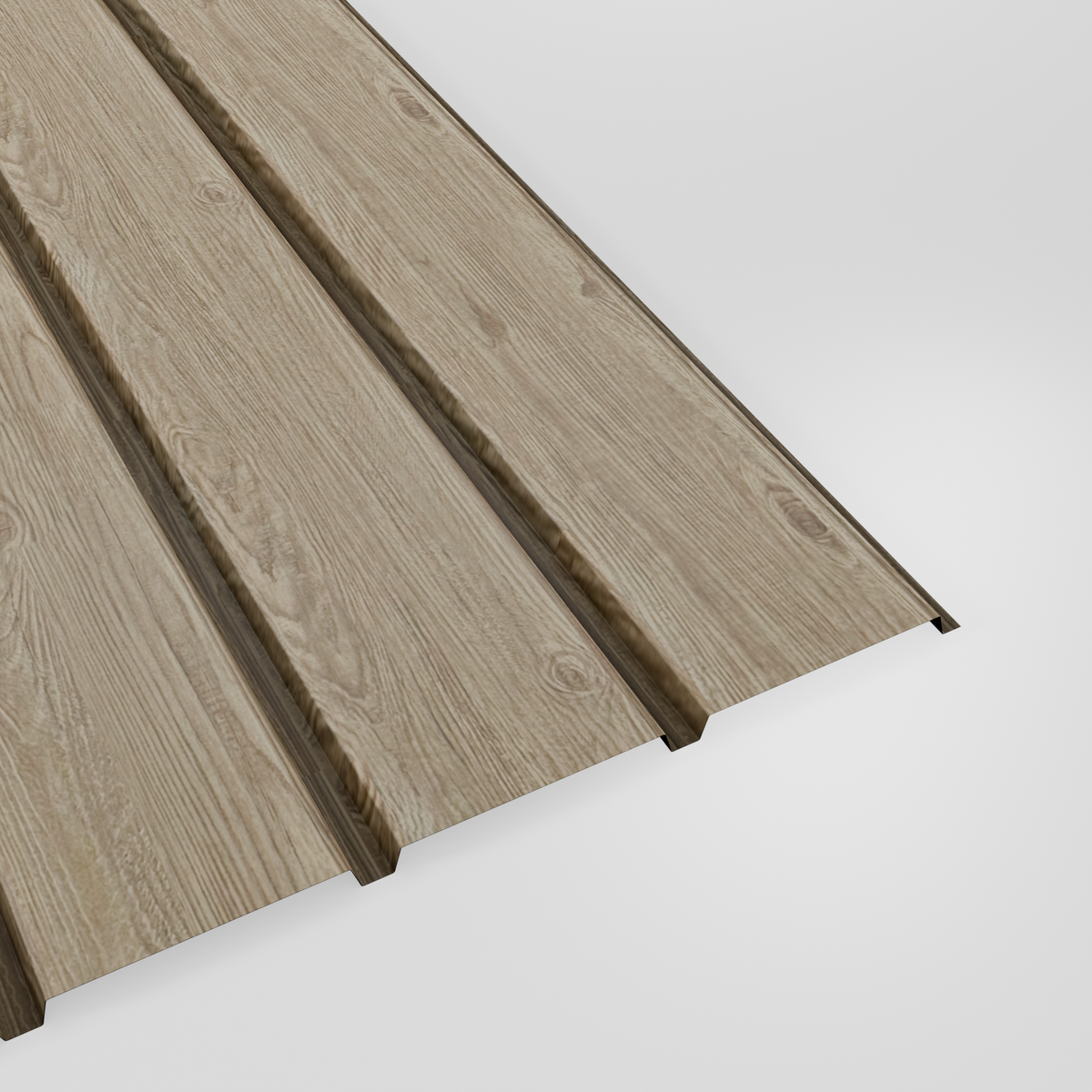 Plank profile woodgrain steel cladding sheet in Ash (pale grey-beige), studio view