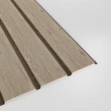 Plank profile woodgrain steel cladding sheet in Ash (pale grey-beige), studio view