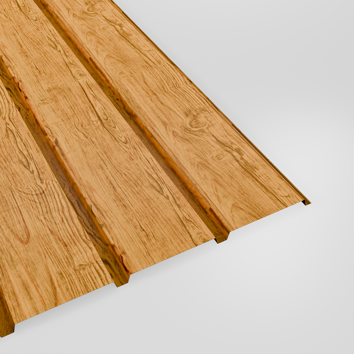 Plank profile woodgrain steel cladding sheet in Natural (golden oak), studio view