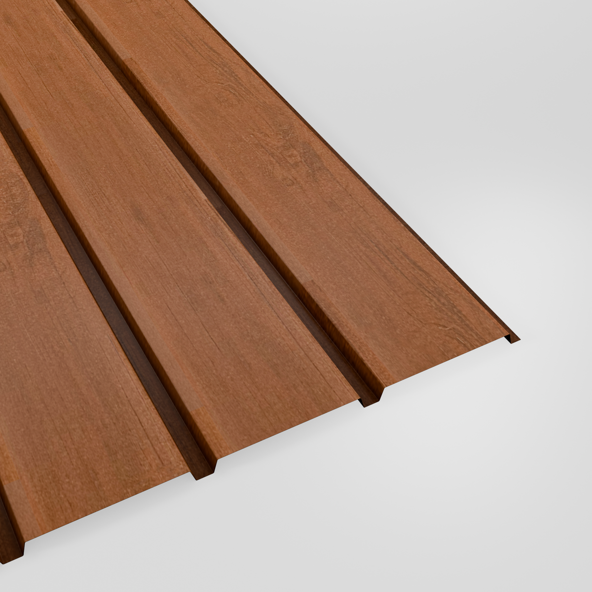Plank profile woodgrain steel cladding sheet in Walnut (reddish brown), studio view