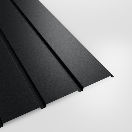 Plank profile PVC Plastisol wall sheet in Anthracite (dark charcoal), grained finish, studio view