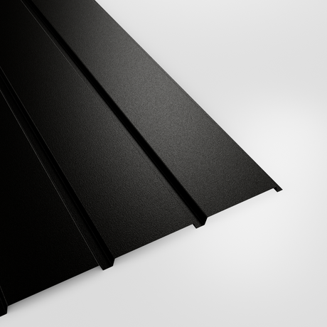 Plank profile PVC Plastisol wall sheet in Black, grained finish, studio view