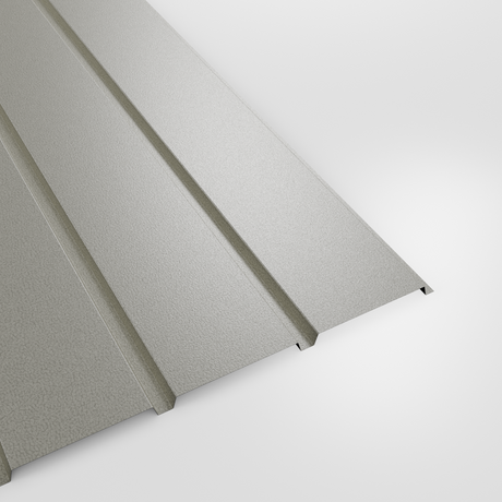 Plank profile PVC Plastisol wall sheet in Goosewing Grey (pale grey), grained finish, studio view