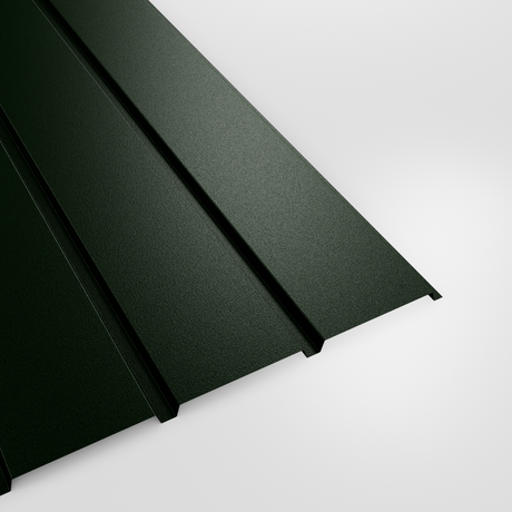 Plank profile PVC Plastisol wall sheet in Juniper Green (deep green), grained finish, studio view
