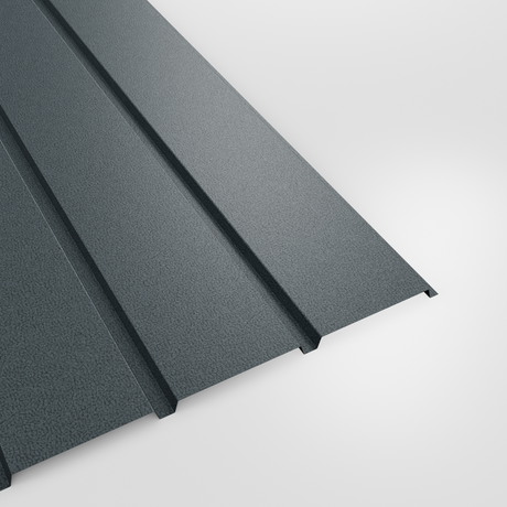 Plank profile PVC Plastisol wall sheet in Merlin Grey (mid blue-grey), grained finish, studio view