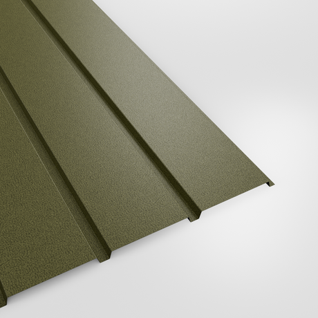 Plank profile PVC Plastisol wall sheet in Moorland Green (khaki olive), grained finish, studio view