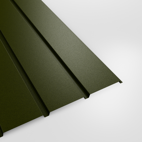 Plank profile PVC Plastisol wall sheet in Olive Green (dark olive), grained finish, studio view
