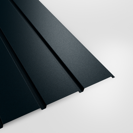 Plank profile PVC Plastisol wall sheet in Slate Blue (dark blue-grey), grained finish, studio view