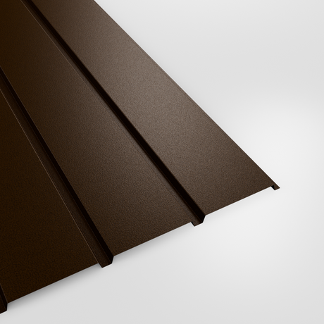 Plank profile PVC Plastisol wall sheet in Van Dyke Brown (dark brown), grained finish, studio view