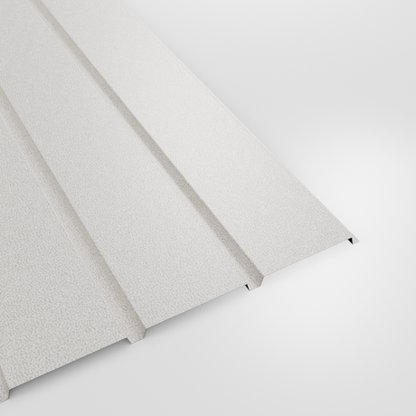 Plank profile PVC Plastisol wall sheet in White, grained finish, studio view