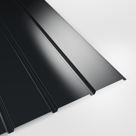 Plank profile polyester wall sheet in Anthracite (dark charcoal), smooth gloss finish, studio view