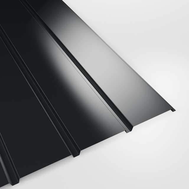 Plank profile polyester wall sheet in Anthracite (dark charcoal), smooth gloss finish, studio view