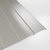 Plank profile polyester wall sheet in Goosewing Grey (pale grey), smooth gloss finish, studio view