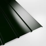 Plank profile polyester wall sheet in Juniper Green (deep green), smooth gloss finish, studio view