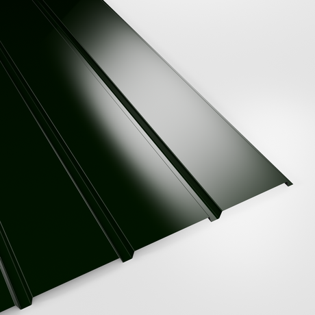 Plank profile polyester wall sheet in Juniper Green (deep green), smooth gloss finish, studio view