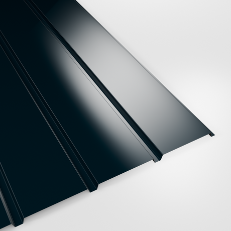 Plank profile polyester wall sheet in Slate Blue (dark blue-grey), smooth gloss finish, studio view