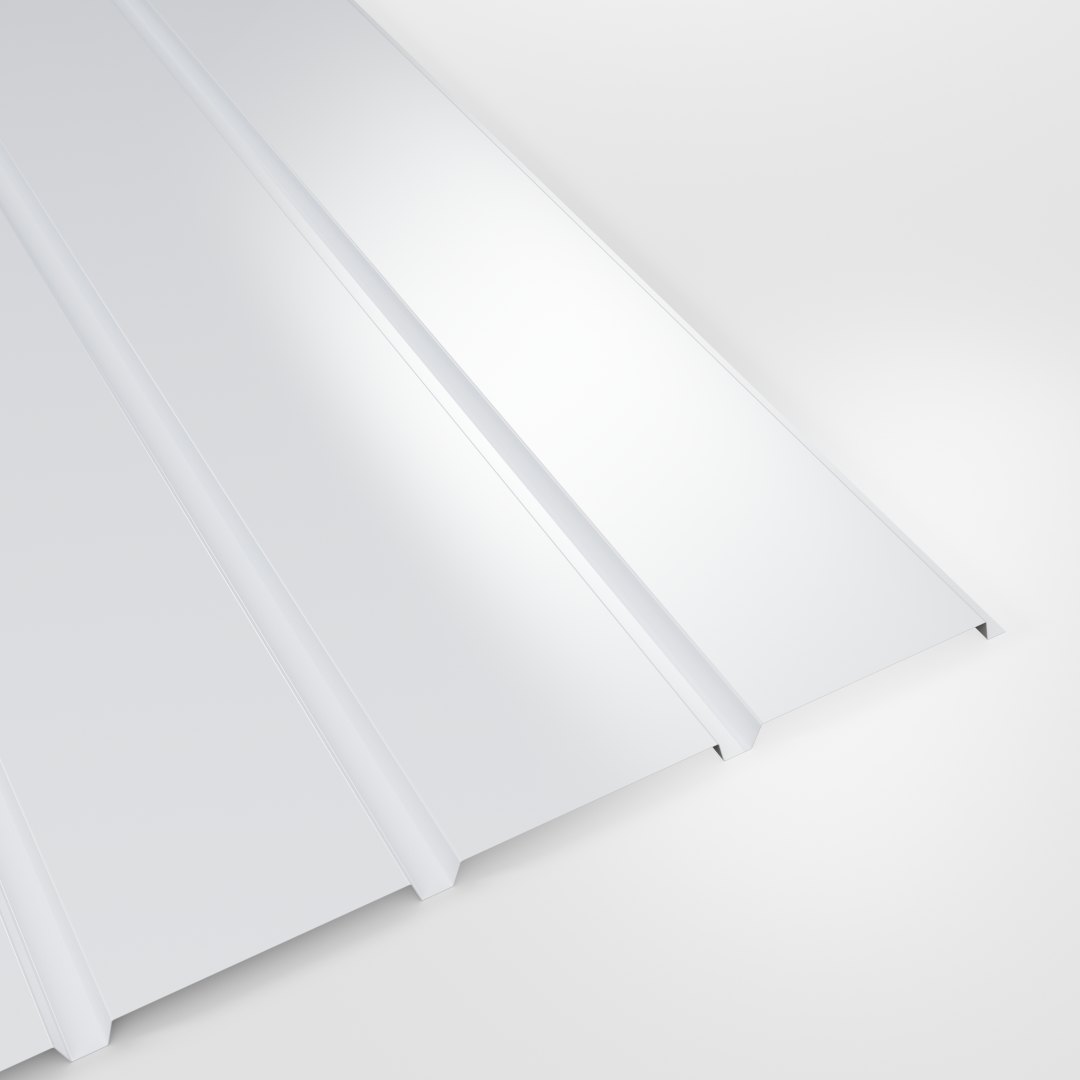 Plank profile polyester wall sheet in White, smooth gloss finish, studio view
