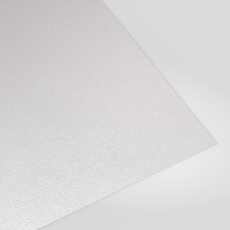 Flat metal sheet in White PVC Plastisol, grained finish, angled studio view