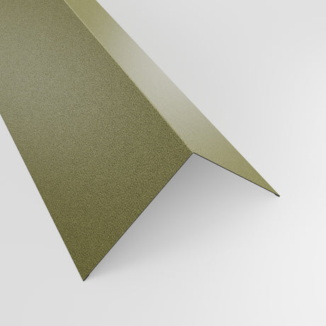 90 degree external corner barge flashing in Moorland Green (sage green) PVC Plastisol, grained finish, 150 x 150 mm, studio view