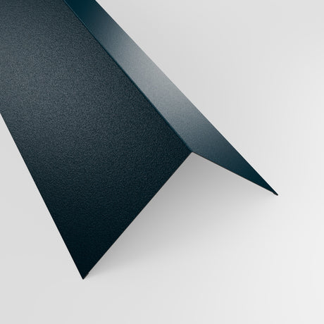 90 degree external corner barge flashing in Slate Blue (dark blue-grey) PVC Plastisol, grained finish, 150 x 150 mm, studio view