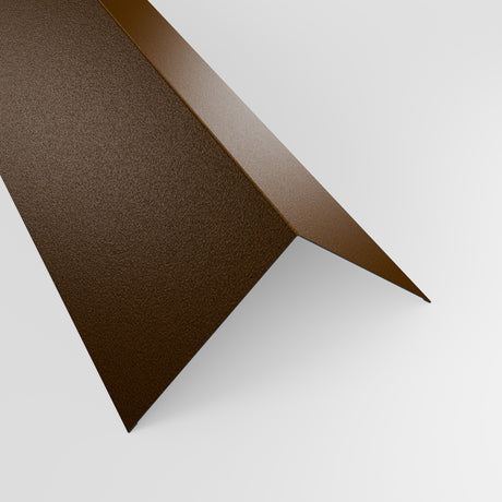 90 degree external corner barge flashing in Van Dyke Brown (dark brown) PVC Plastisol, grained finish, 150 x 150 mm, studio view