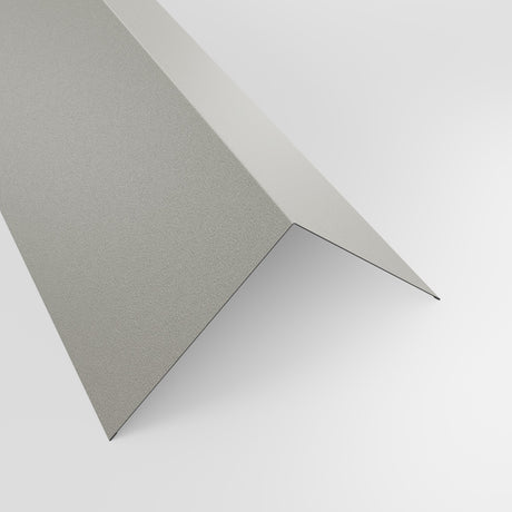 90 degree external corner barge flashing in Goosewing Grey (pale grey) PVC Plastisol, grained finish, 200 x 200 mm, studio view