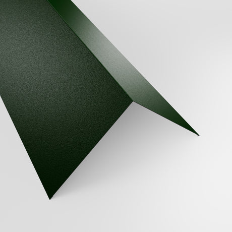 90 degree external corner barge flashing in Juniper Green (deep green) PVC Plastisol, grained finish, 200 x 200 mm, studio view
