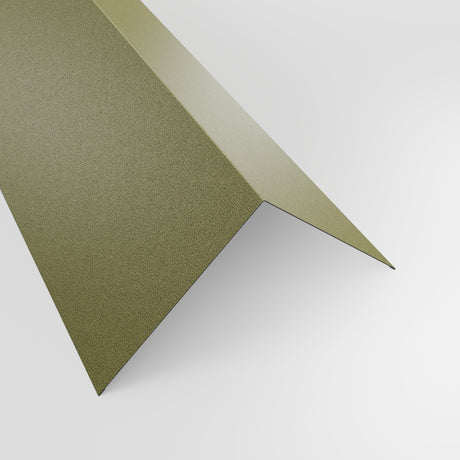 90 degree external corner barge flashing in Moorland Green (sage green) PVC Plastisol, grained finish, 200 x 200 mm, studio view