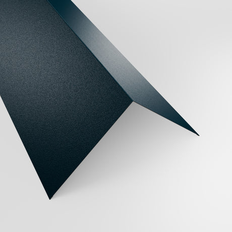 90 degree external corner barge flashing in Slate Blue (dark blue-grey) PVC Plastisol, grained finish, 200 x 200 mm, studio view