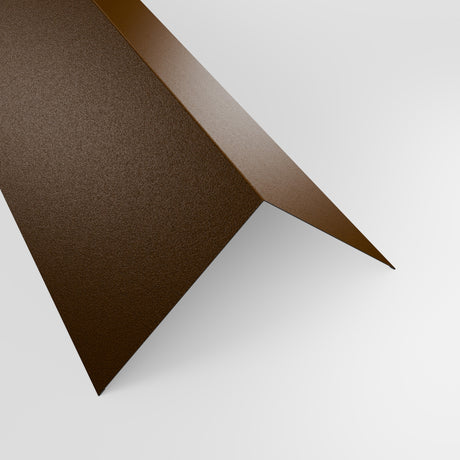 90 degree external corner barge flashing in Van Dyke Brown (dark brown) PVC Plastisol, grained finish, 200 x 200 mm, studio view